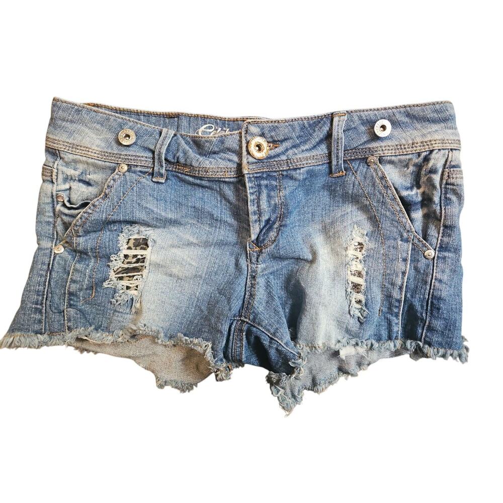 CELEBRITY PINK Jean Shorts (9) Sz 32 Destroyed Bling Buttons Back Belt Cutoffs
